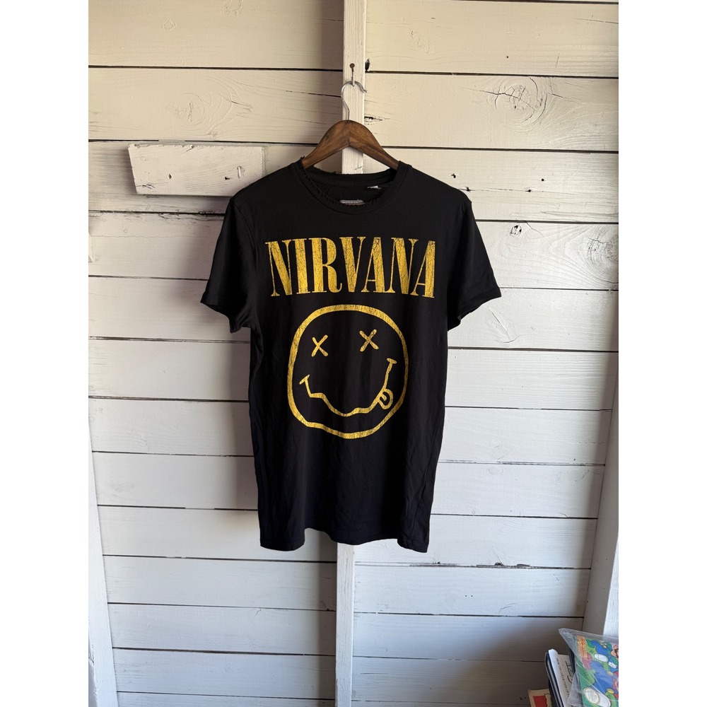 H&M Divided Nirvana Graphic T-Shirt Black Yellow Smiley Face Distressed Neck M